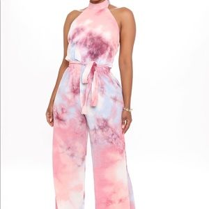 Long pink tie dye halter jumpsuit. Sz 1X.